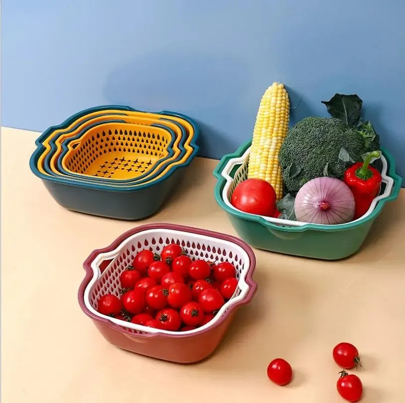Wholesale 6pcs/Sets Double Layer Plastic Washing Vegetables Fruits Drain Basin Multifunctional 6-piece Drain Basket
