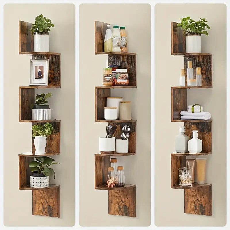 Rustic 5-Tier Corner Wooden Shelf