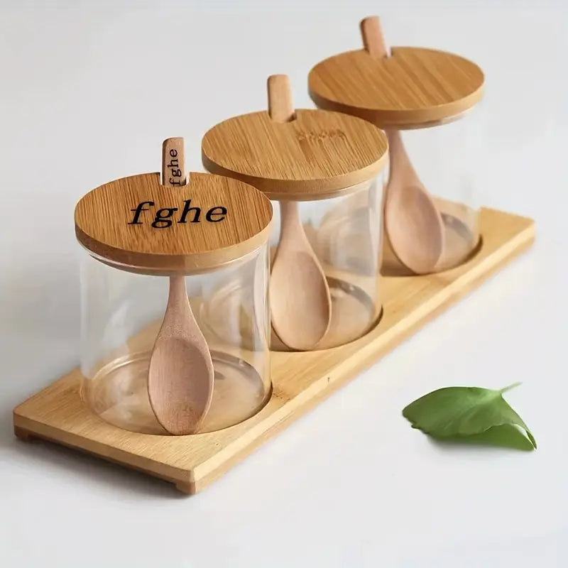 Kitchen glass spice pot set bamboo cover