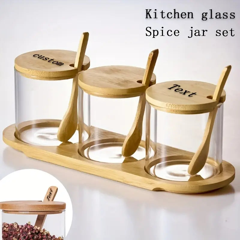 Kitchen glass spice pot set bamboo cover