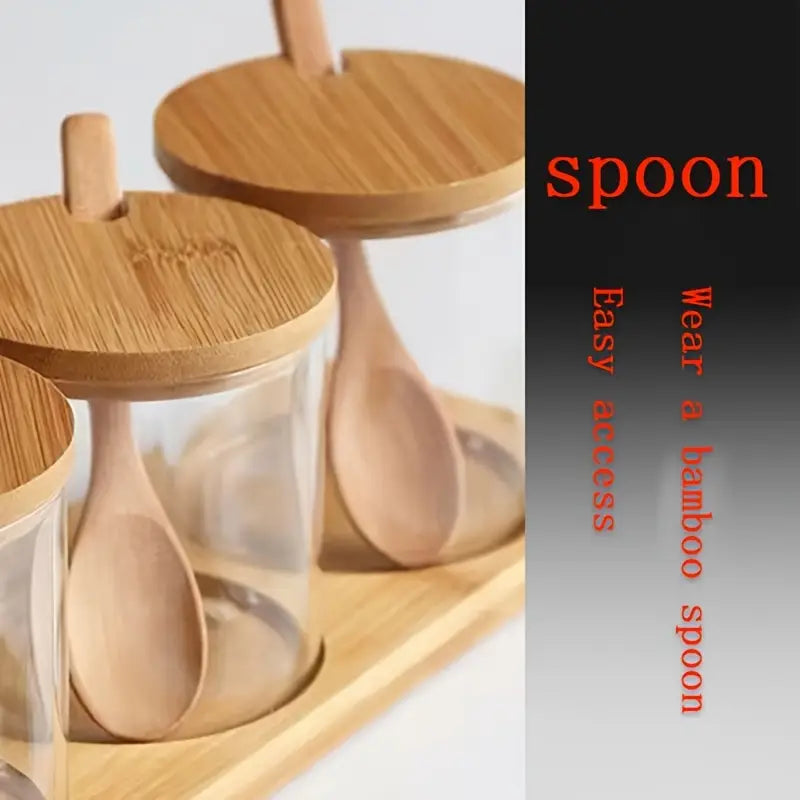 Kitchen glass spice pot set bamboo cover