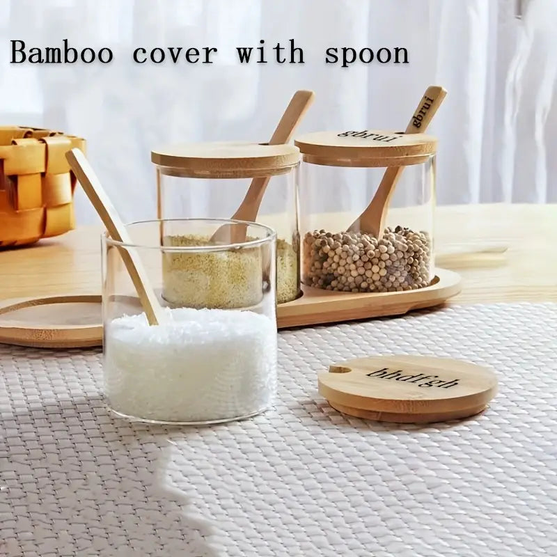 Kitchen glass spice pot set bamboo cover