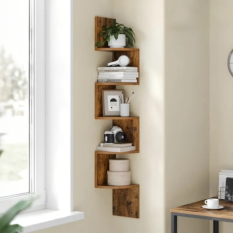 Rustic 5-Tier Corner Wooden Shelf