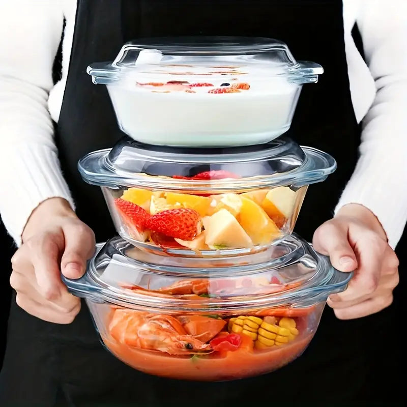Three-Piece Thickened Glass Salad Bowl Set with Lid