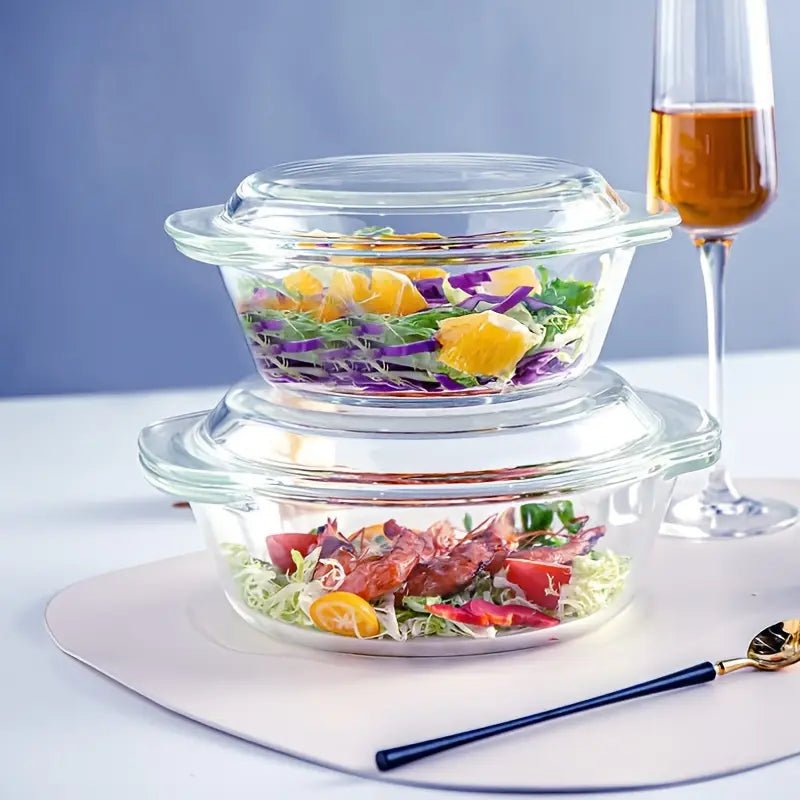 Three-Piece Thickened Glass Salad Bowl Set with Lid