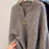 gray v-neck cable knit raccoon fleece sweater