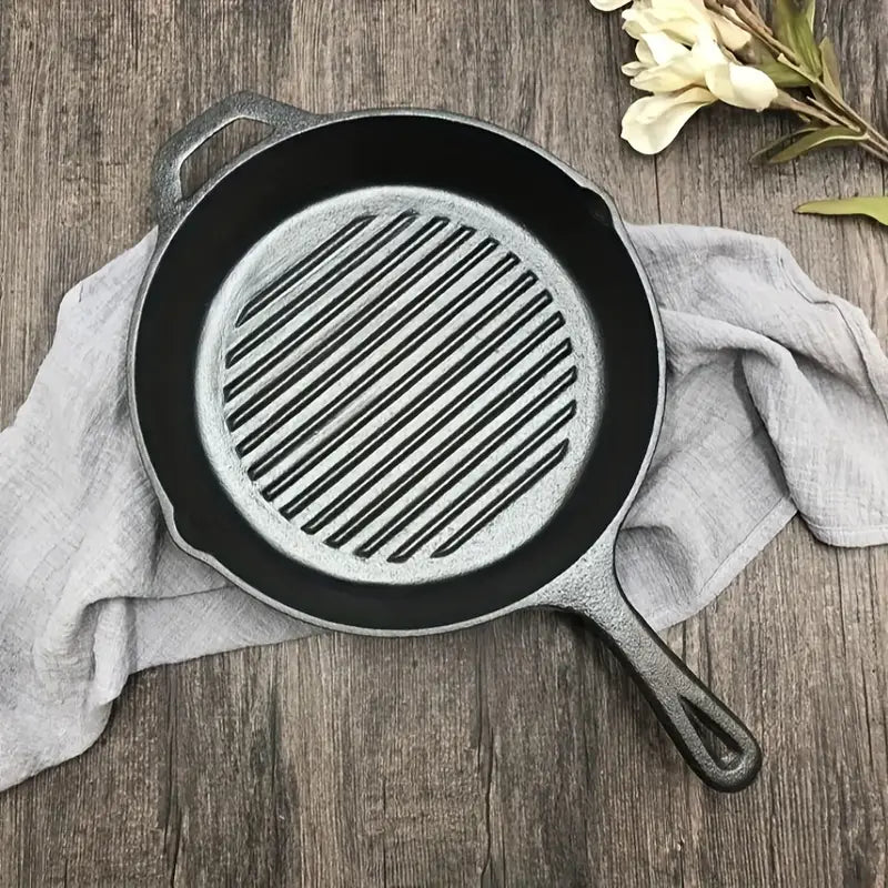 Heavy-Duty Cast Iron Skillet - Steak Maker Pan with Ribbed Bottom
