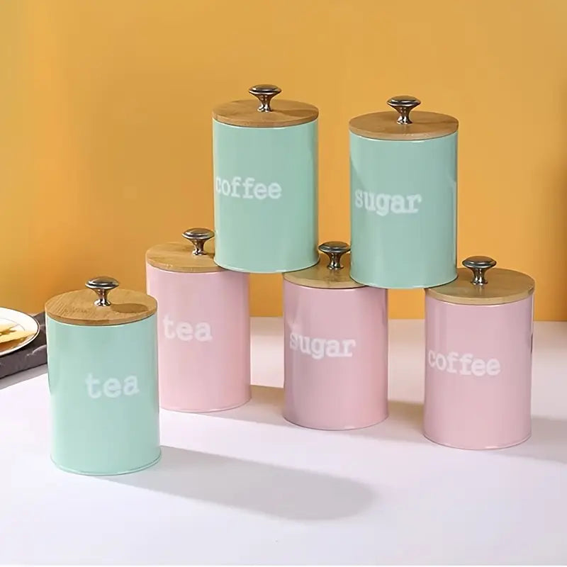 Coffee Sugar Tea Canister Set Solid Metal Vintage