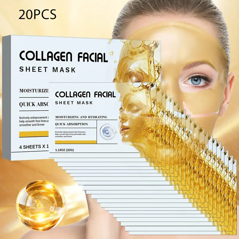 20pcs 24K Golden Collagen Facial Sheet Mask with Hyaluronic Acid