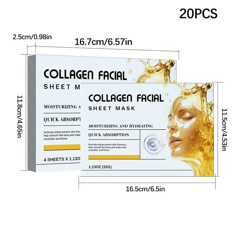 20pcs 24K Golden Collagen Facial Sheet Mask with Hyaluronic Acid
