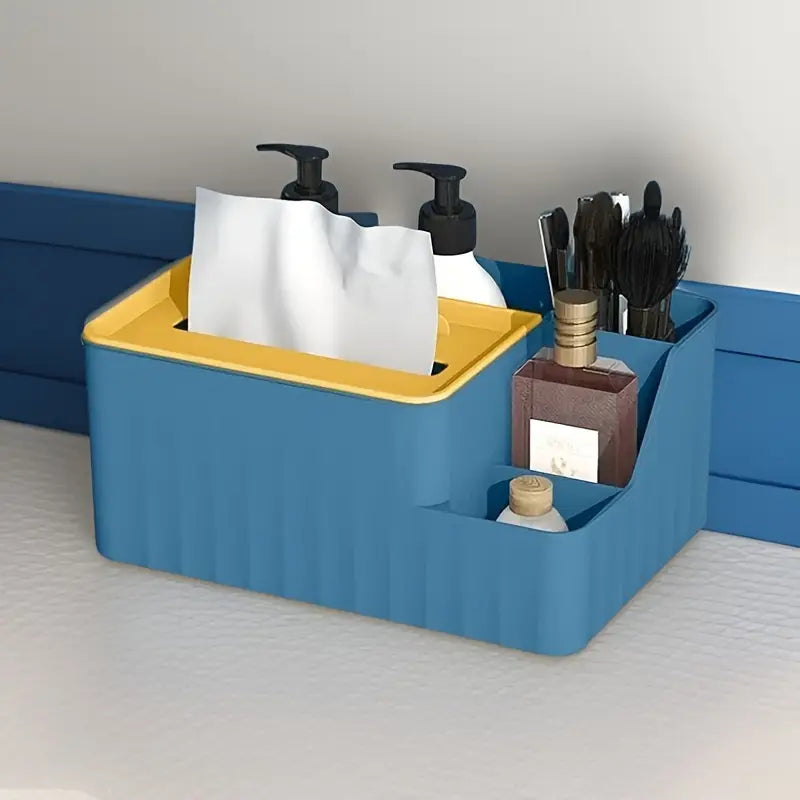 Modern Blue Plastic Tissue Box Holder with Storage Compartment