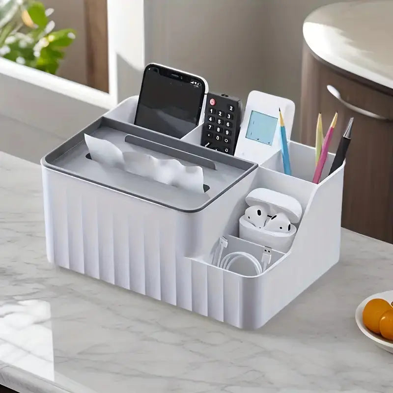 Modern Blue Plastic Tissue Box Holder with Storage Compartment