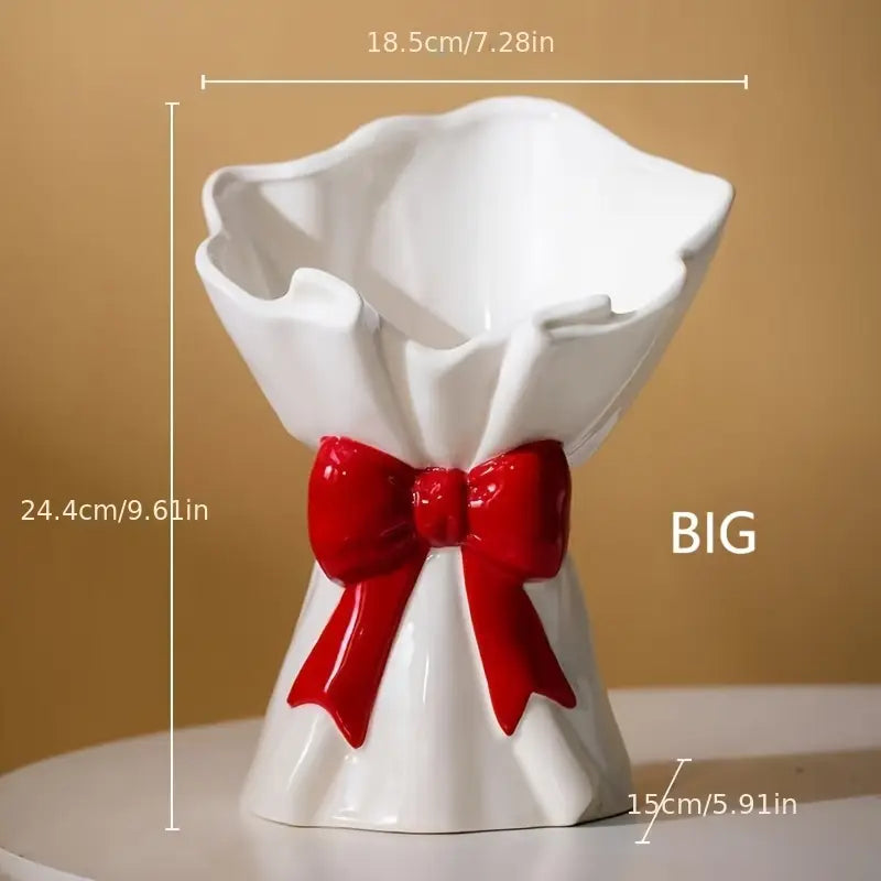 1pc Ceramic Decorative Vase with Red Bow & Pink Ribbon Accents