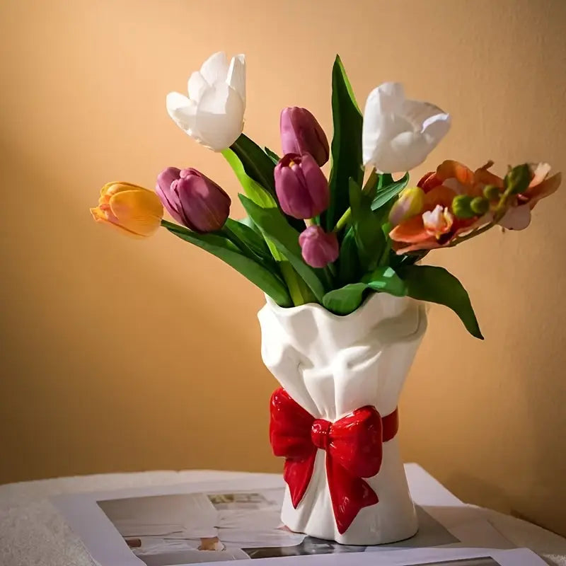 1pc Ceramic Decorative Vase with Red Bow & Pink Ribbon Accents