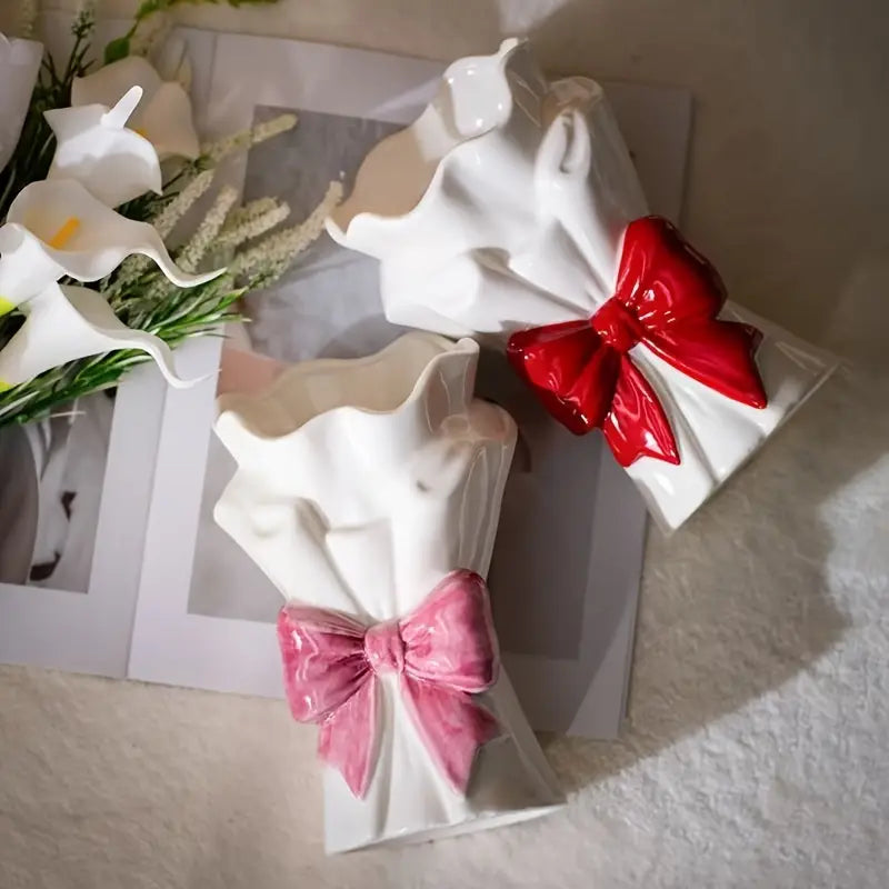 1pc Ceramic Decorative Vase with Red Bow & Pink Ribbon Accents
