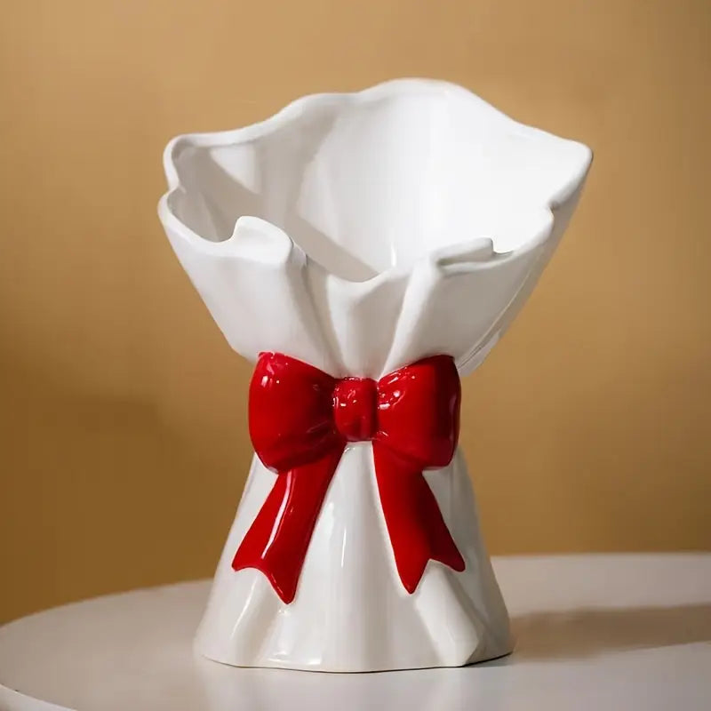 1pc Ceramic Decorative Vase with Red Bow & Pink Ribbon Accents