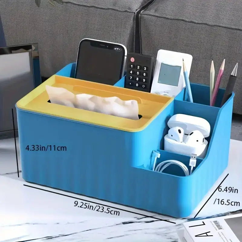 Modern Blue Plastic Tissue Box Holder with Storage Compartment