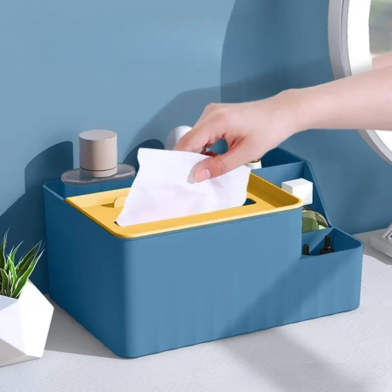 Modern Blue Plastic Tissue Box Holder with Storage Compartment