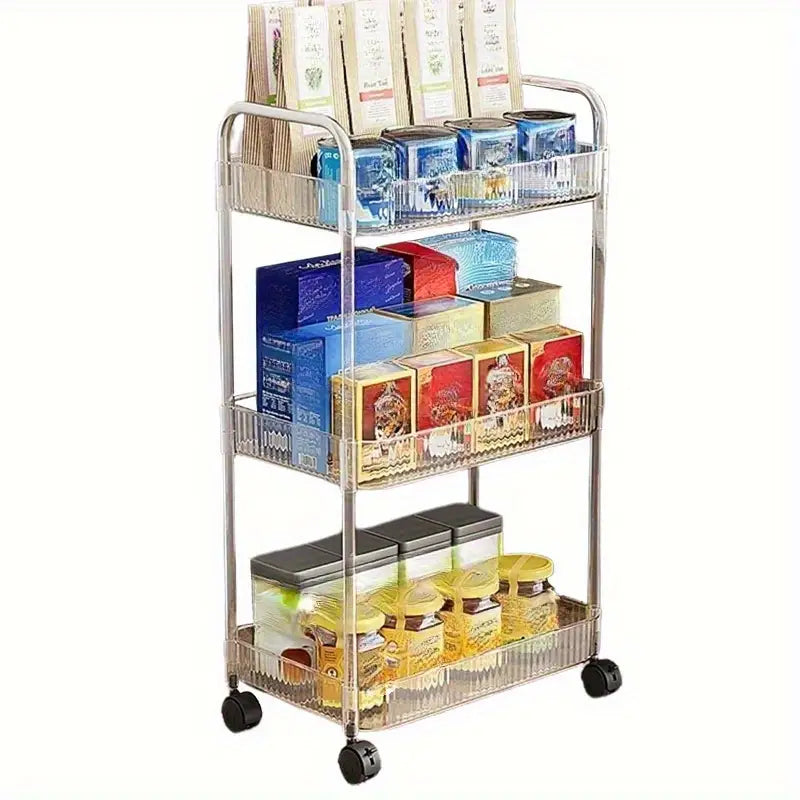 A Three-Tier Acrylic Storage Cart Designed for Use in The Bathroom