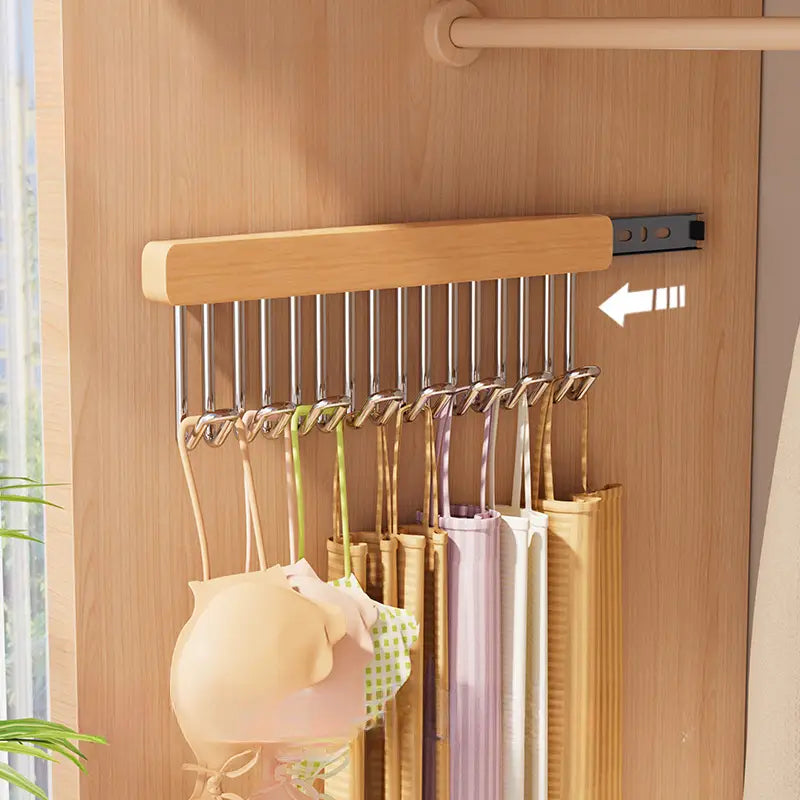 9pcs Wooden Multi Hooks with Mobile Metal Slide
