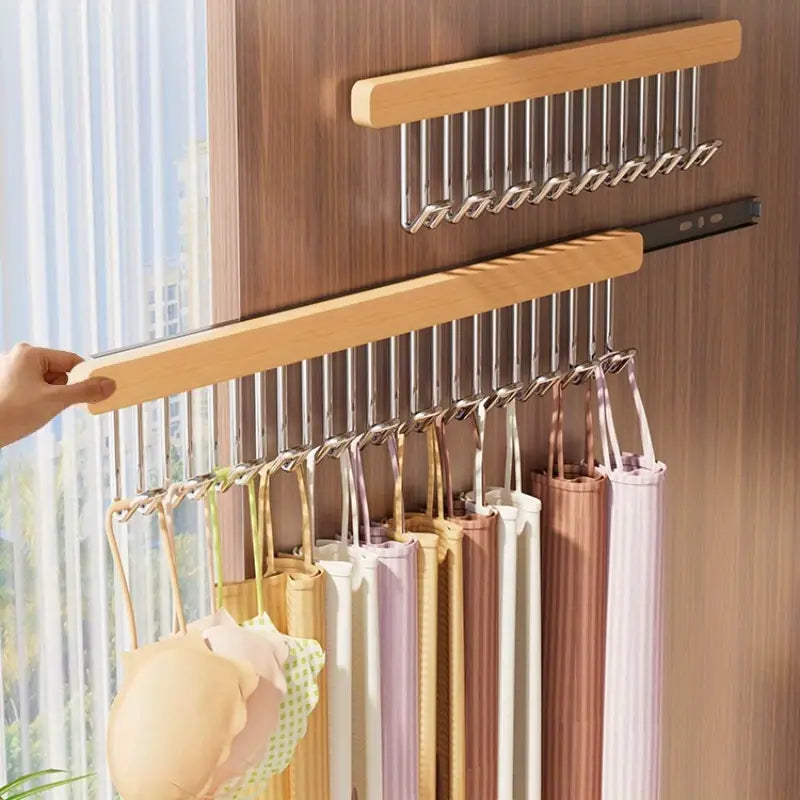 9pcs Wooden Multi Hooks with Mobile Metal Slide