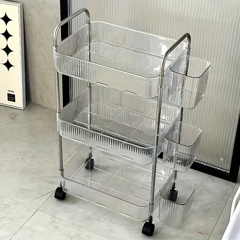 A Three-Tier Acrylic Storage Cart Designed for Use in The Bathroom