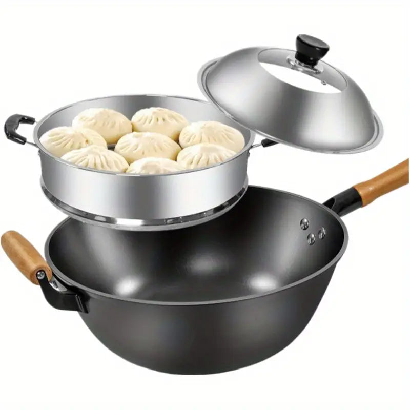 32.0 cm Traditional Cast Iron Wok Non-Stick Wooden Handle