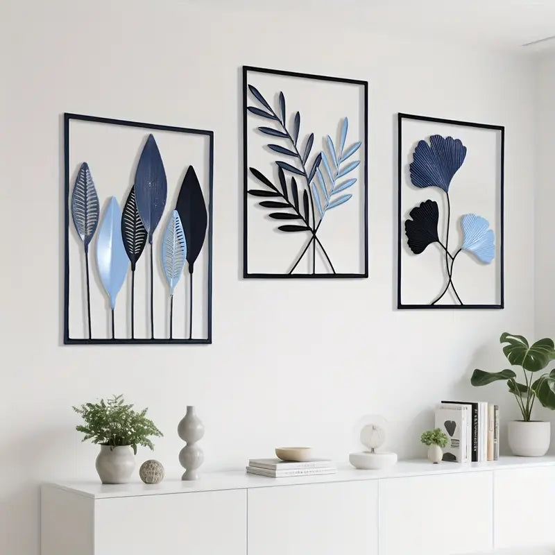 Nordic Style Metal Leaf Triptych Wall Hanging