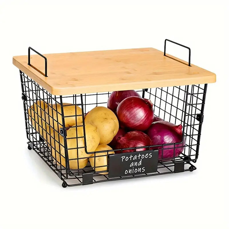 1pc URLUNA Stackable Wire Basket Organizer with Bamboo
