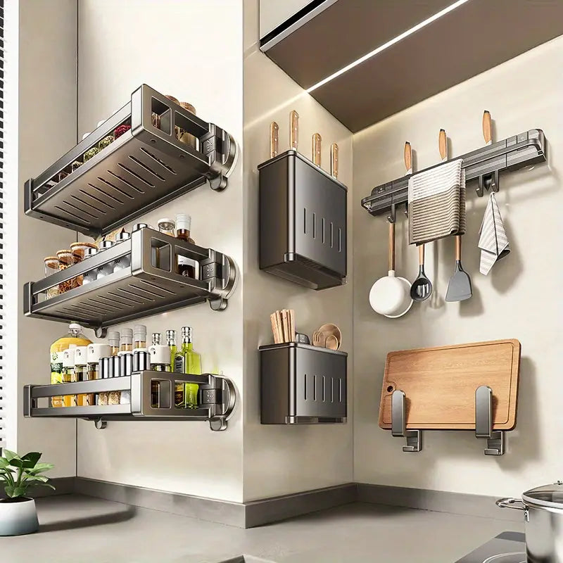 Wall-Mounted Kitchen Spice Shelves &amp; Multi-Functional Storage Rack