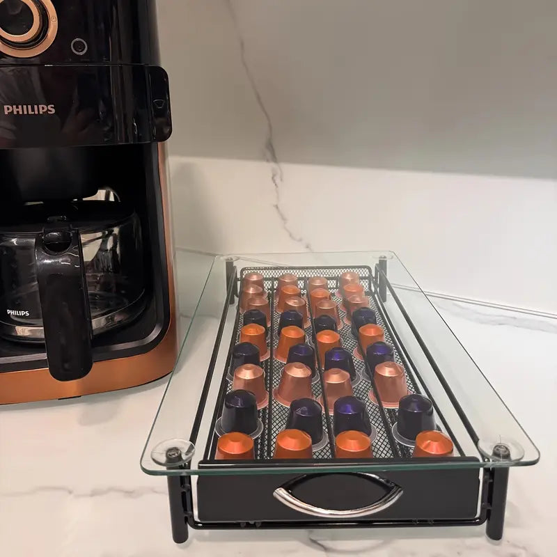 Glass Countertop Drawer Capsule Coffee Storage Rack for Pods