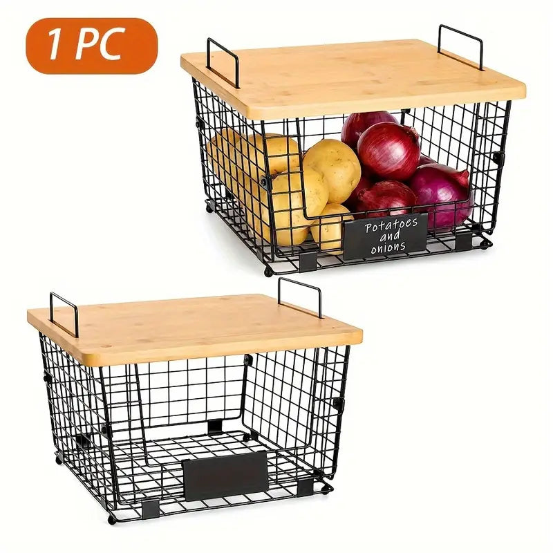 1pc URLUNA Stackable Wire Basket Organizer with Bamboo