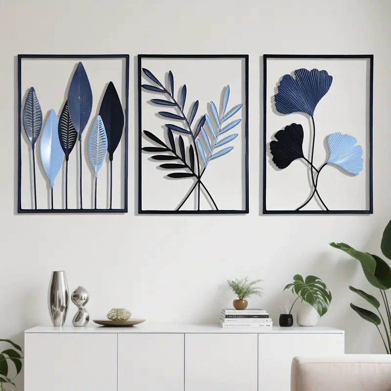 Nordic Style Metal Leaf Triptych Wall Hanging