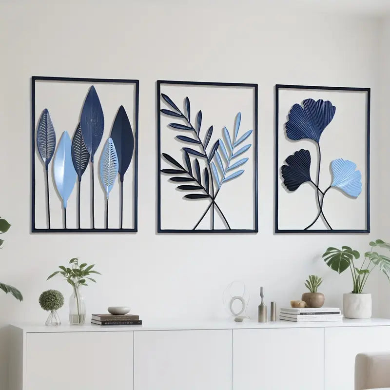 Nordic Style Metal Leaf Triptych Wall Hanging