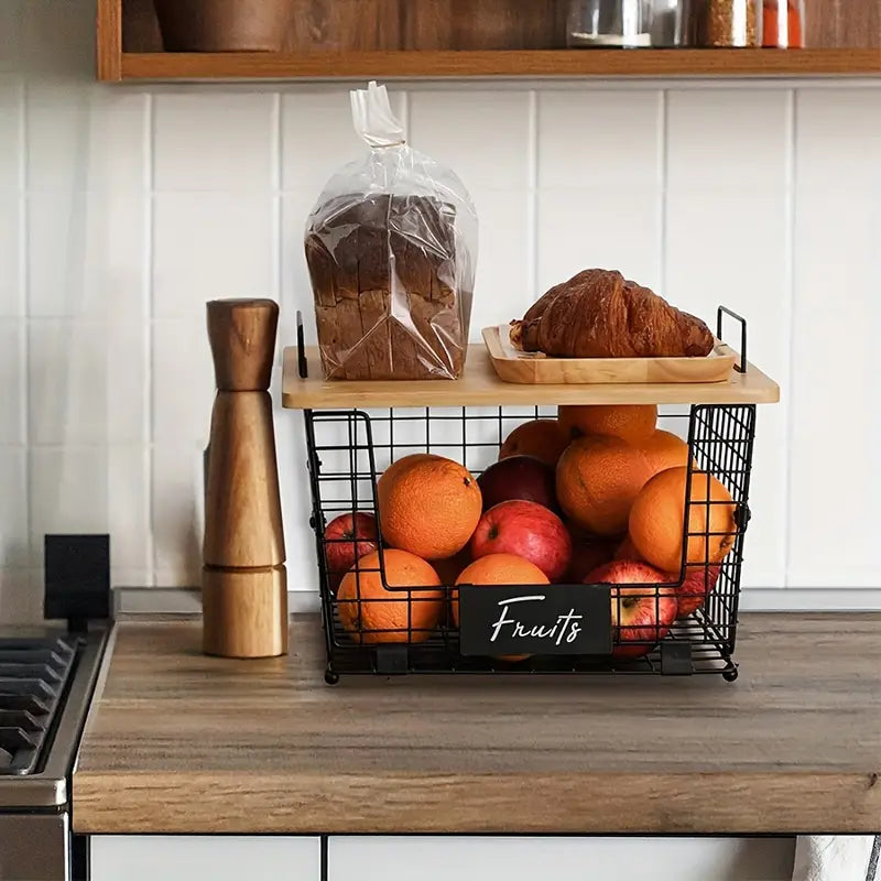 1pc URLUNA Stackable Wire Basket Organizer with Bamboo