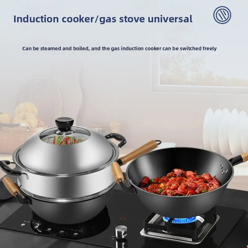 32.0 cm Traditional Cast Iron Wok Non-Stick Wooden Handle