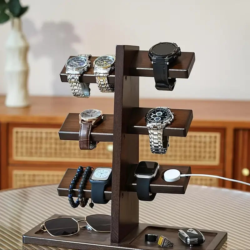 Elegant Wooden Watch Display Stand with Charging Station