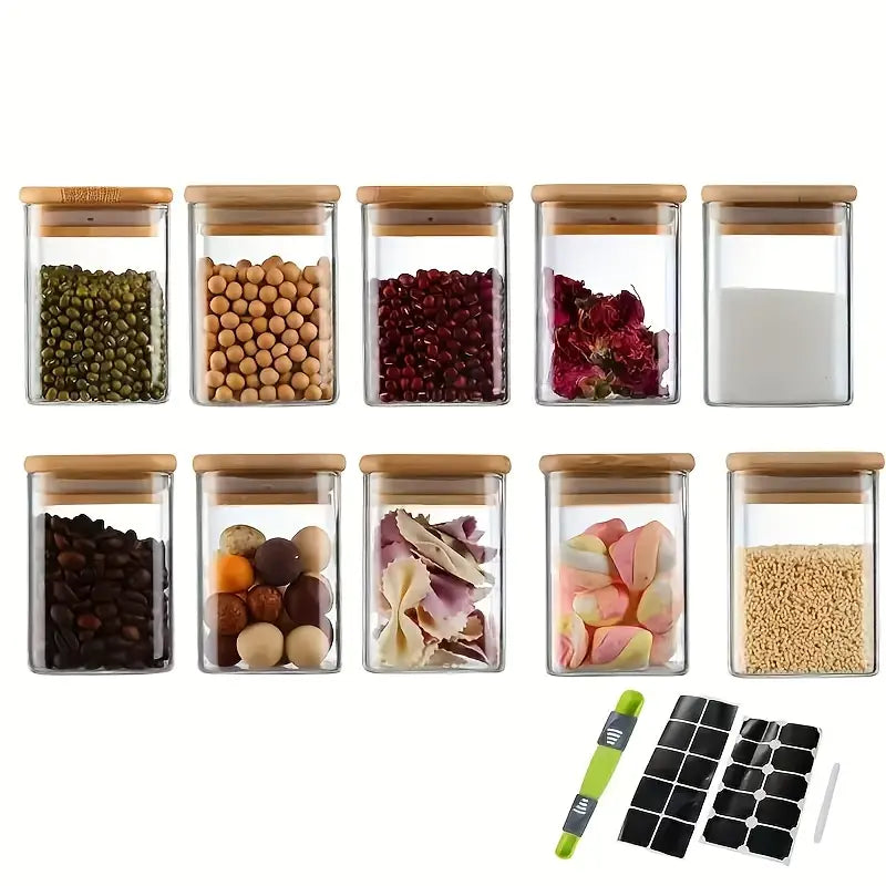 10pcs Storage Container Set, Square Seasoning Jars with Bamboo Lids