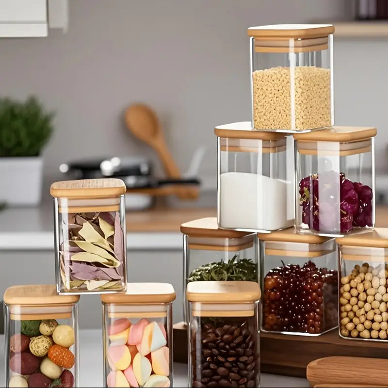 10pcs Storage Container Set, Square Seasoning Jars with Bamboo Lids