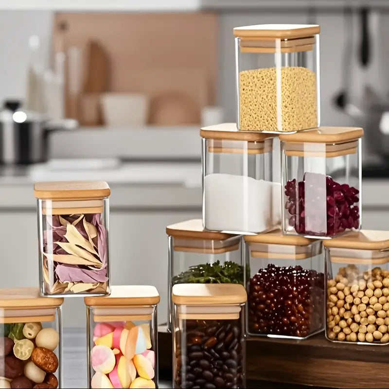 10pcs Storage Container Set, Square Seasoning Jars with Bamboo Lids