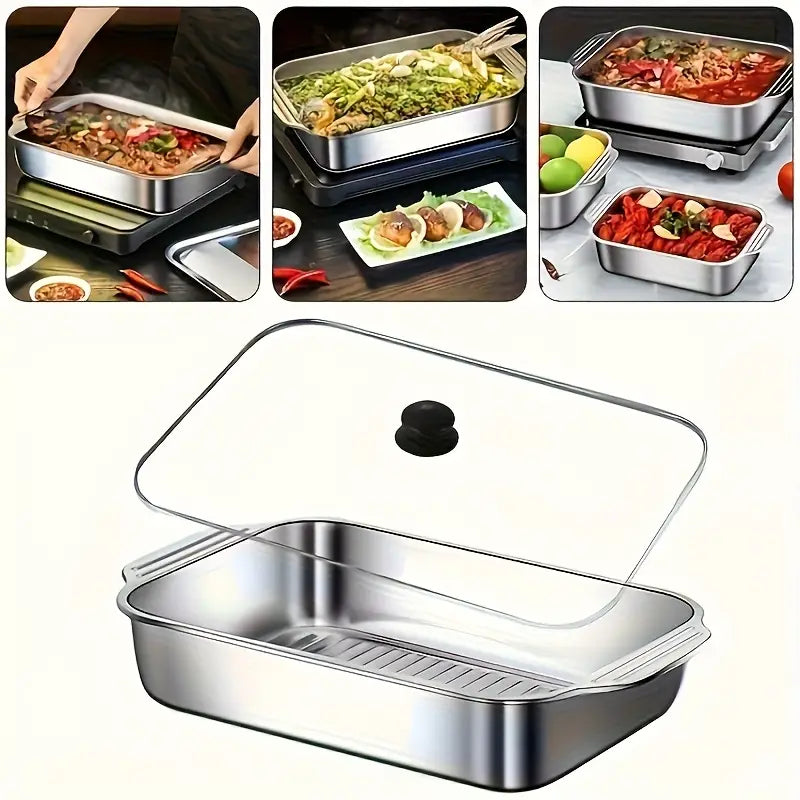 Stainless steel baking pan with glass lid