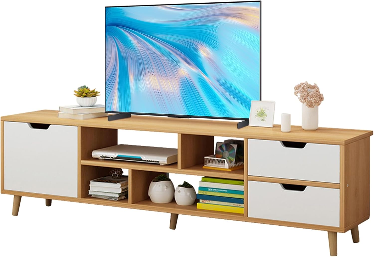 H-Shadoty 55 Inch TV Stand, Entertainment Center with 3 Drawers and Open Shelves, Small TV Stand, Modern Media Console, Wooden TV Furniture for Living Room and Office, White