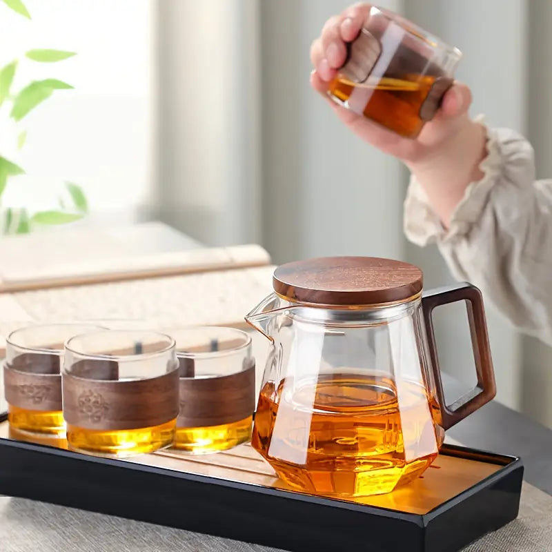 1 Wooden Handle Water Bottle and 4 Wooden Lid Cups - Home & Office Tea Set