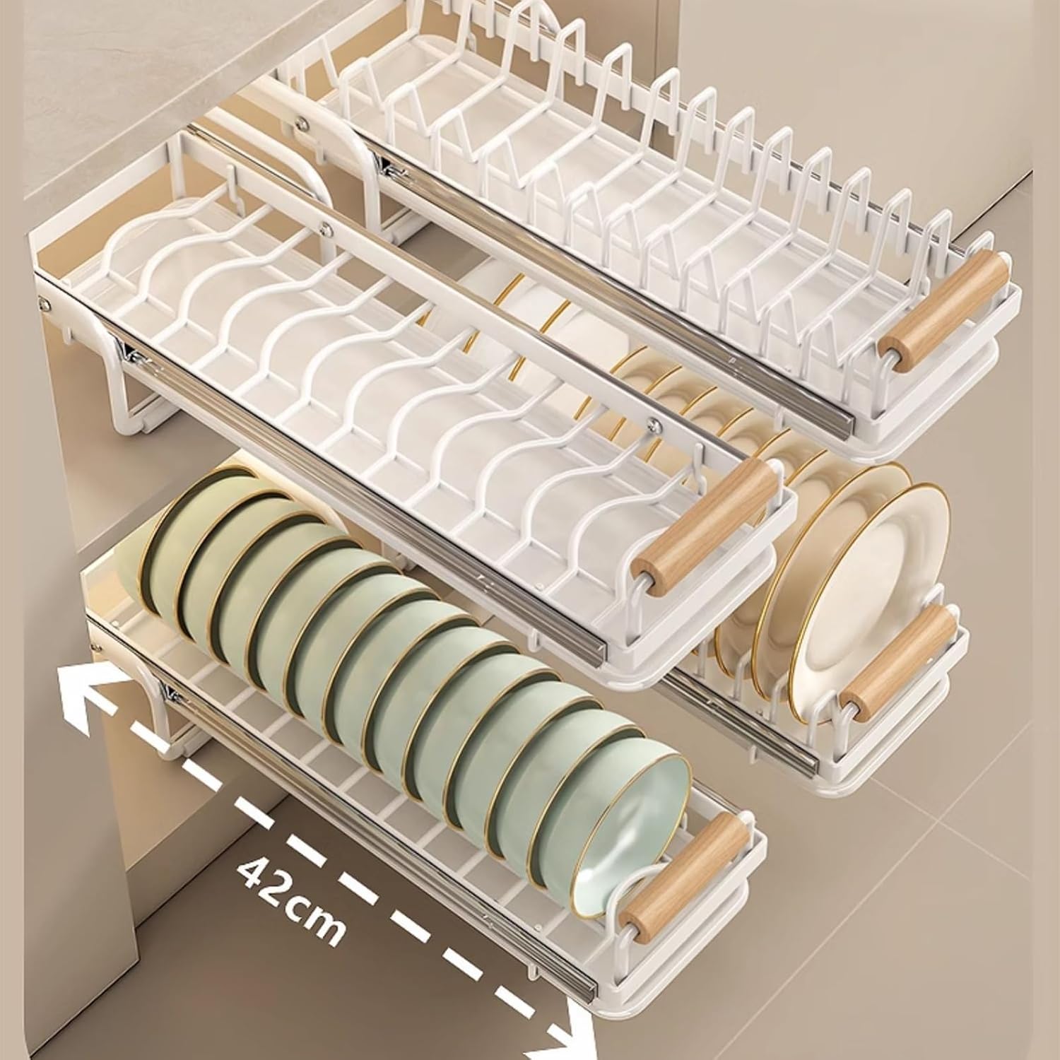 8 Pack Pull Out Cabinet Organizer with Removable/Detachable Dish Rack Divider, No Drill Cabinet Drawers, Pull Out Dish Rack for Cabinet