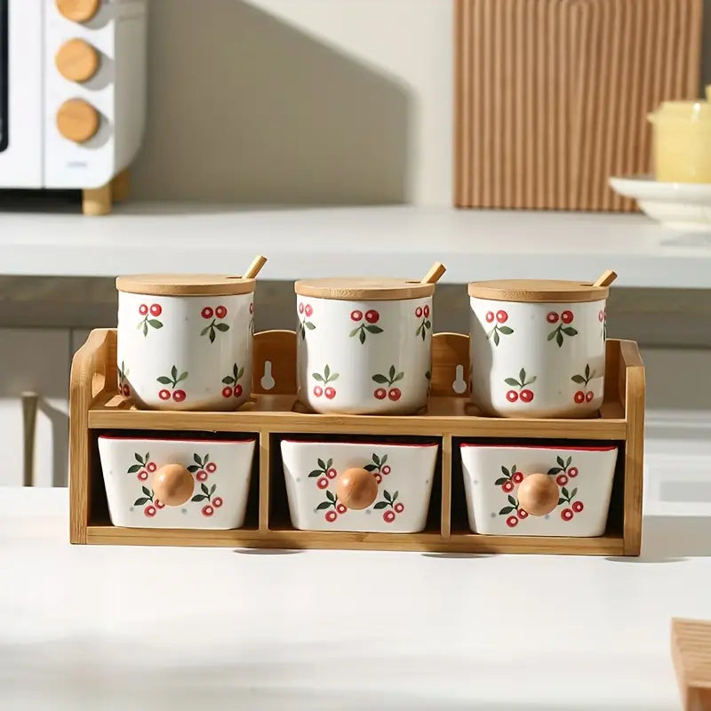 Fruit Pattern Ceramic Condiment Jars with Lids