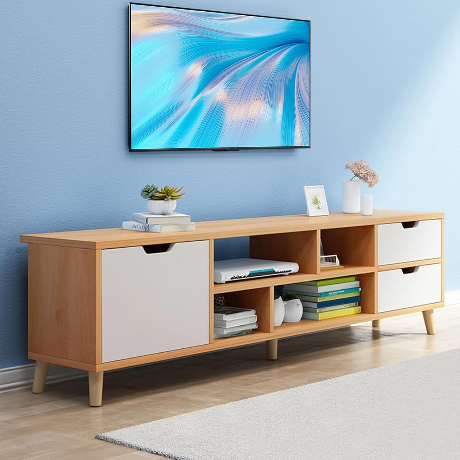 H-Shadoty 55 Inch TV Stand, Entertainment Center with 3 Drawers and Open Shelves, Small TV Stand, Modern Media Console, Wooden TV Furniture for Living Room and Office, White