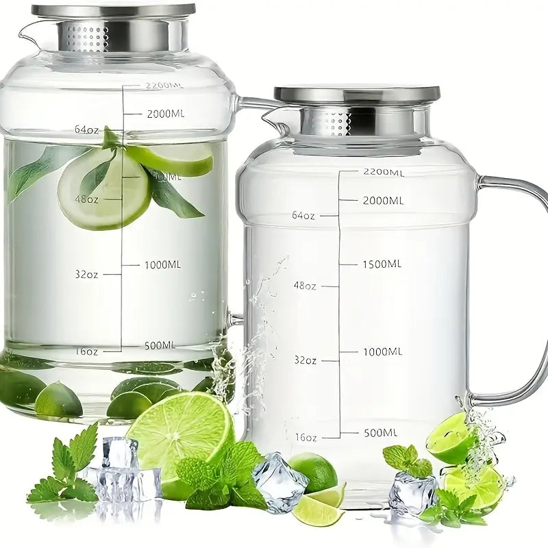 Glass Kettle with Lid, Set of 2, 72oz / 2.2L Borosilicate Glass Water Bottle