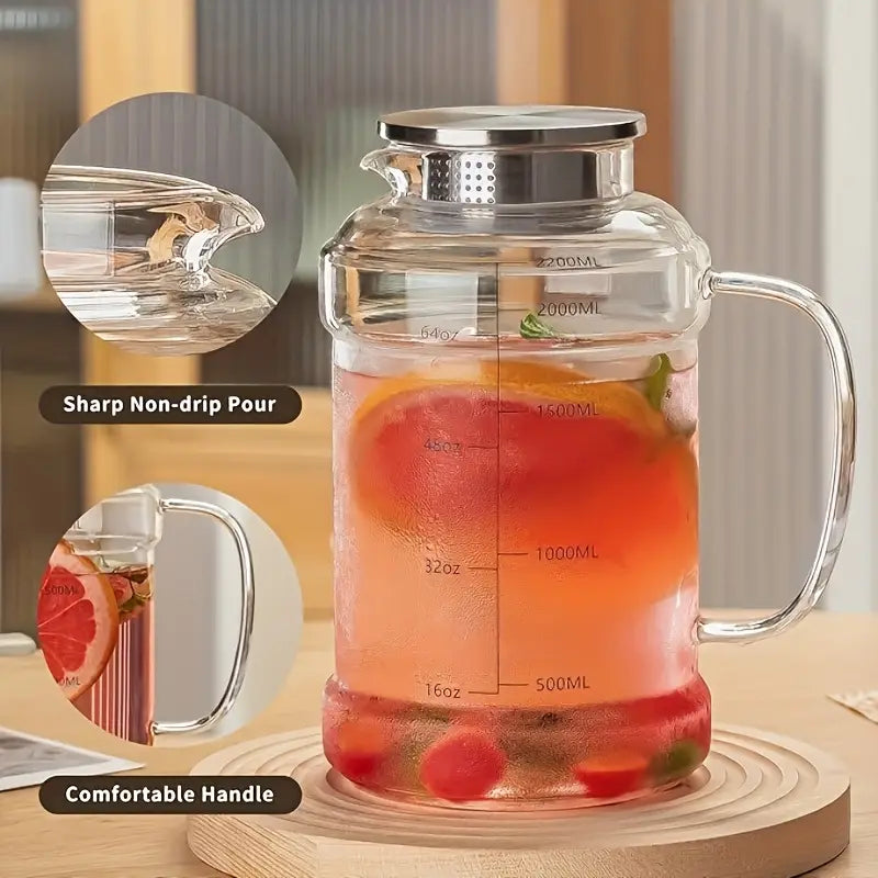 Glass Kettle with Lid, Set of 2, 72oz / 2.2L Borosilicate Glass Water Bottle