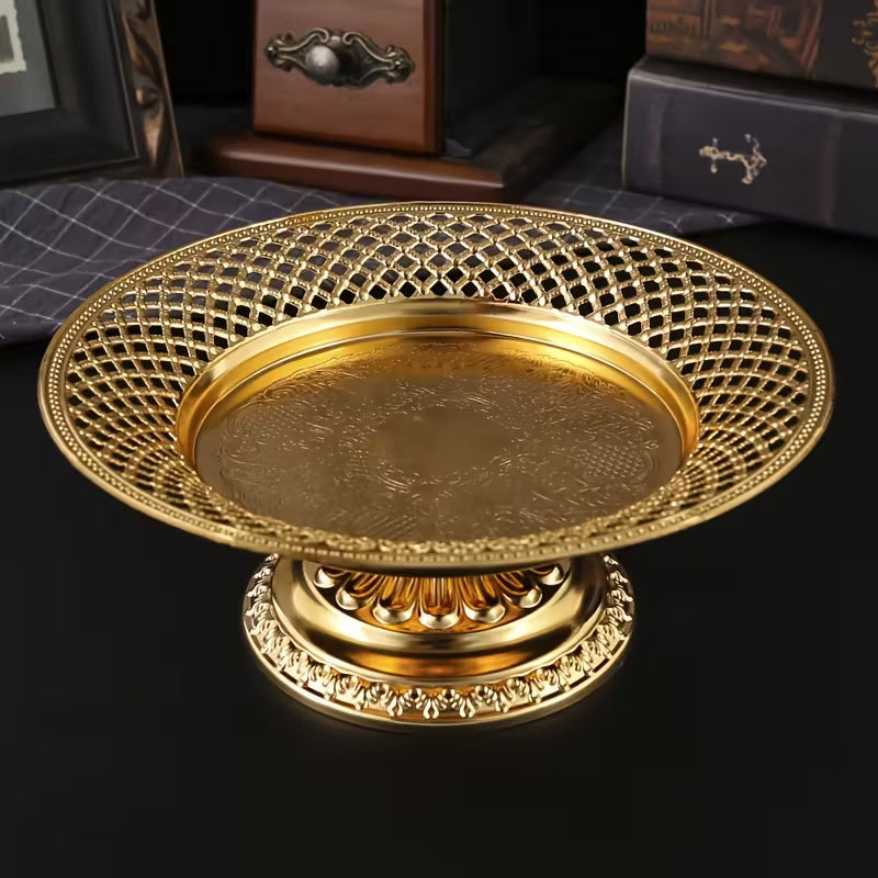 1pc Burronwood Elegant Golden Metal Fruit Bowl with Intricate Lacework Design