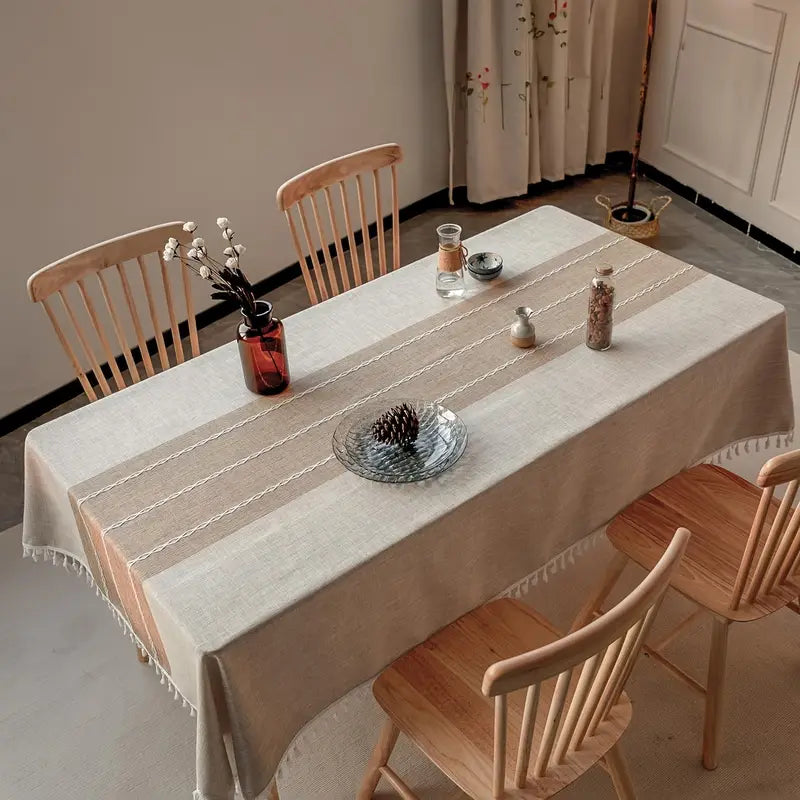 pc Elegant Linen Coffee Tassel Tablecloth